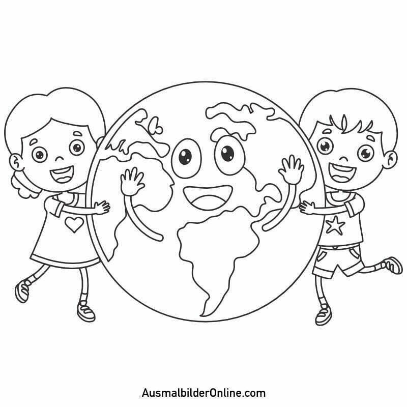 Ausmalbilder: Kinder umarmen die Erde