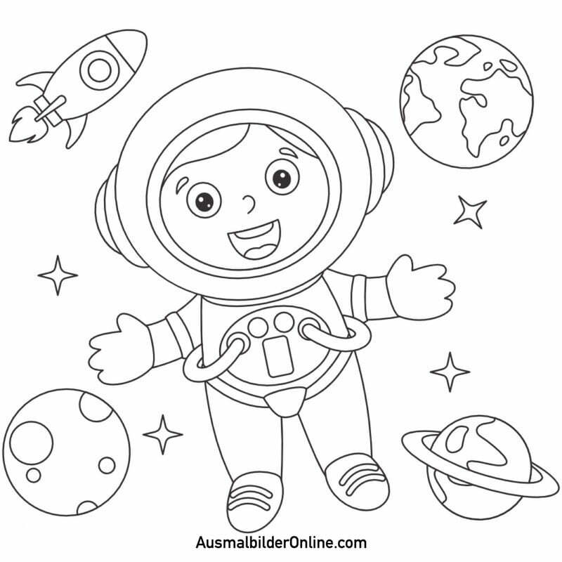 Ausmalbilder: Kleines Mädchen im Weltraum