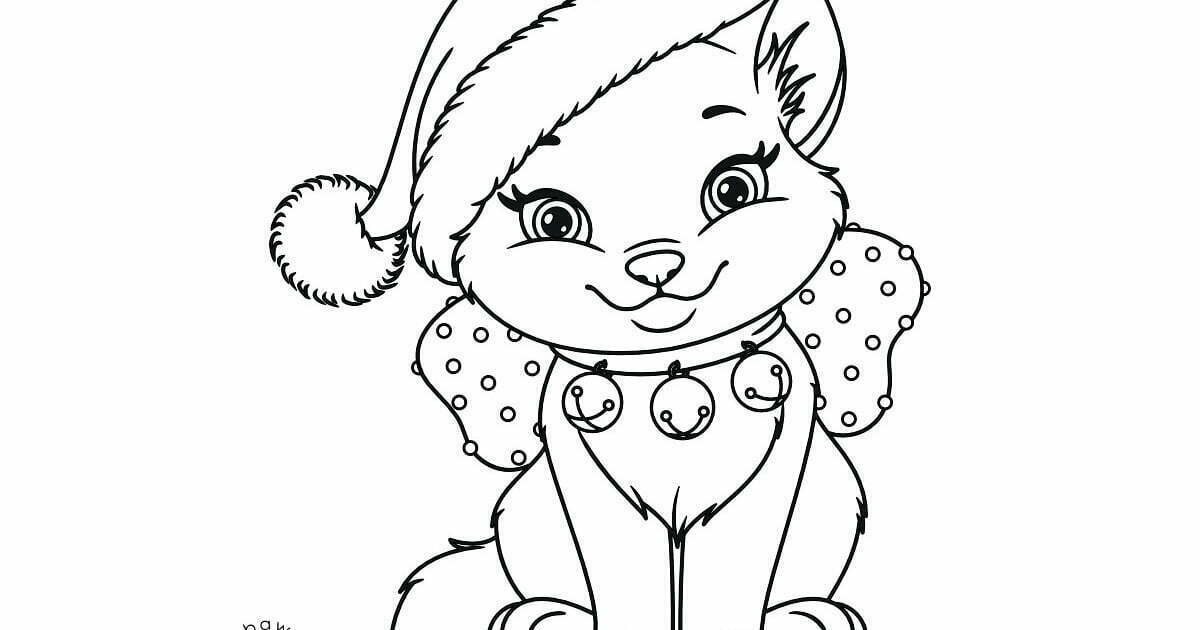 Kostenlose Ausmalbilder: Die Katze in der Mütze des Weihnachtsmanns