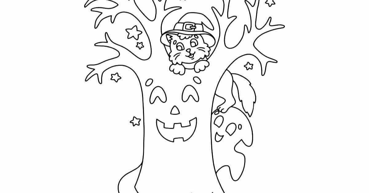 kostenlose-ausmalbilder-eine-katze-auf-einem-unheimlichen-baum-online