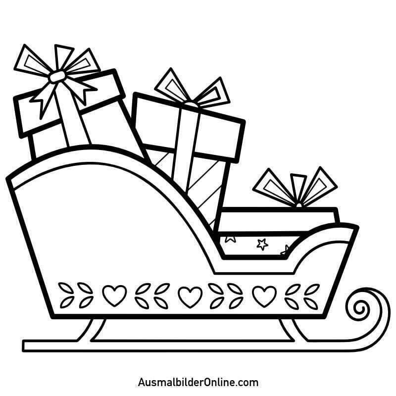 Ausmalbilder: Der Schlitten des Weihnachtsmanns mit Geschenken