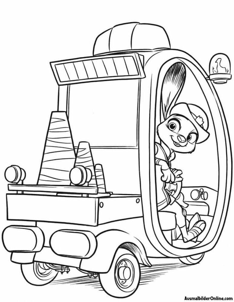 Judy Hopps im Polizeiauto zum Ausmalen für Kinder