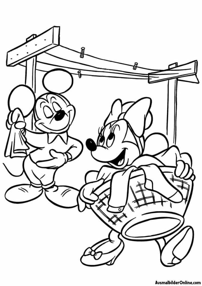 Male das Ausmalbild Minnie und Micky Maus waschen Wäsche aus