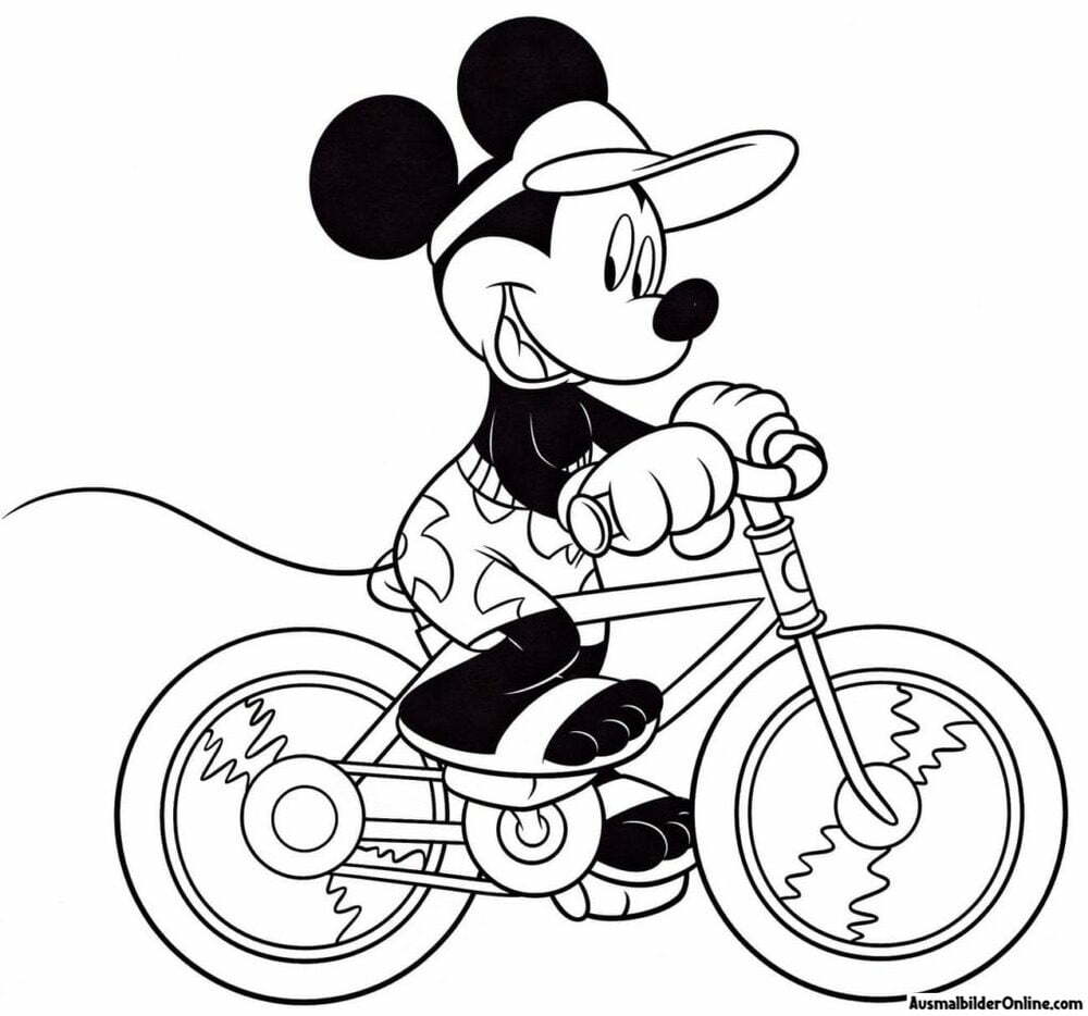 Micky Maus auf einem Fahrrad zum Ausmalen PDF
