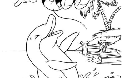 Micky Maus spielt mit dem Delfin. Male das Bild aus