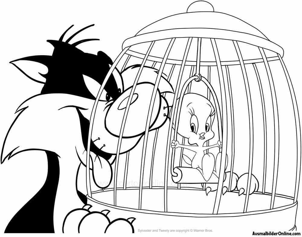 Tweety in einem Käfig und Sylvester die Katze zum Ausmalen