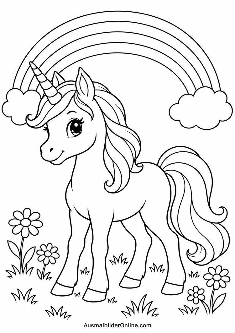 Einhorn mit Regenbogen zum Online-Ausmalen