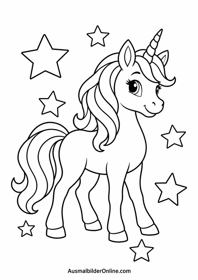 Einhorn mit Sternen zum Online-Ausmalen