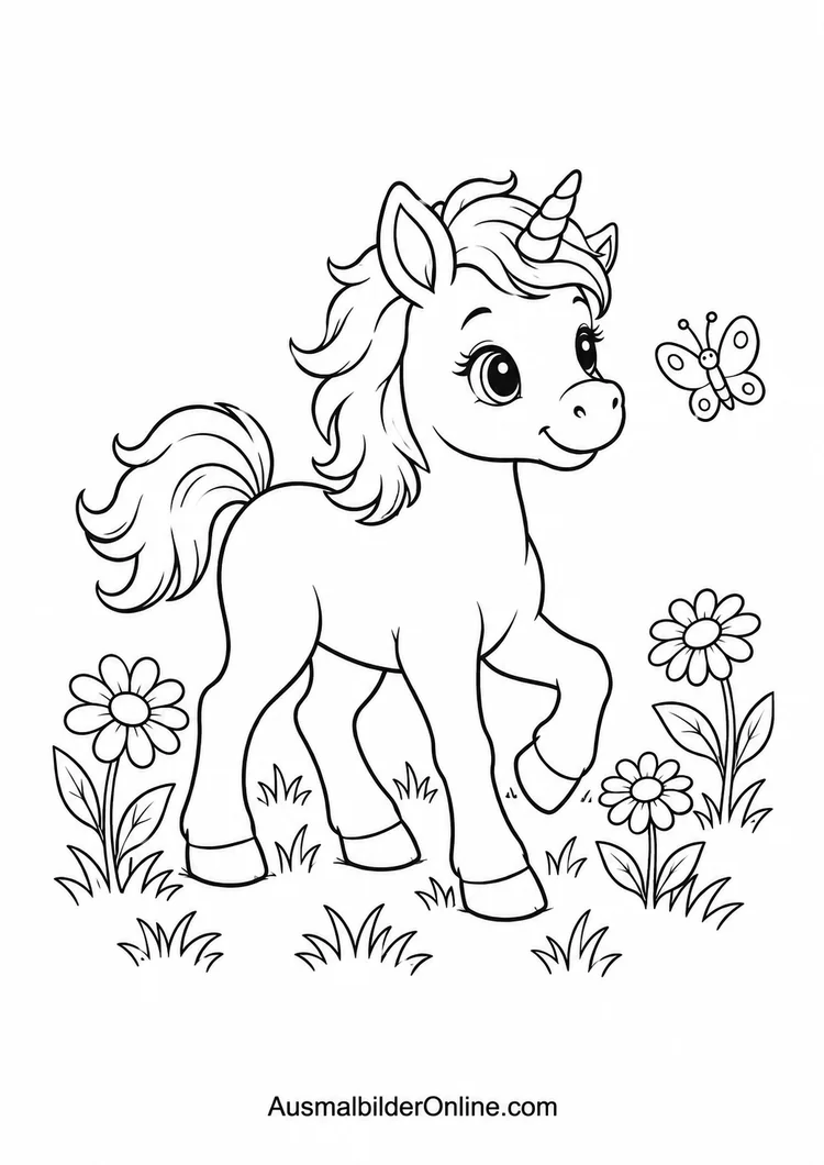 Junges Einhorn auf einer Blumenwiese zum Online-Ausmalen