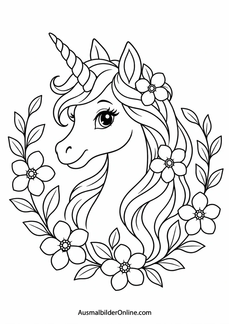Einhornkopf mit Blumen zum Online-Ausmalen