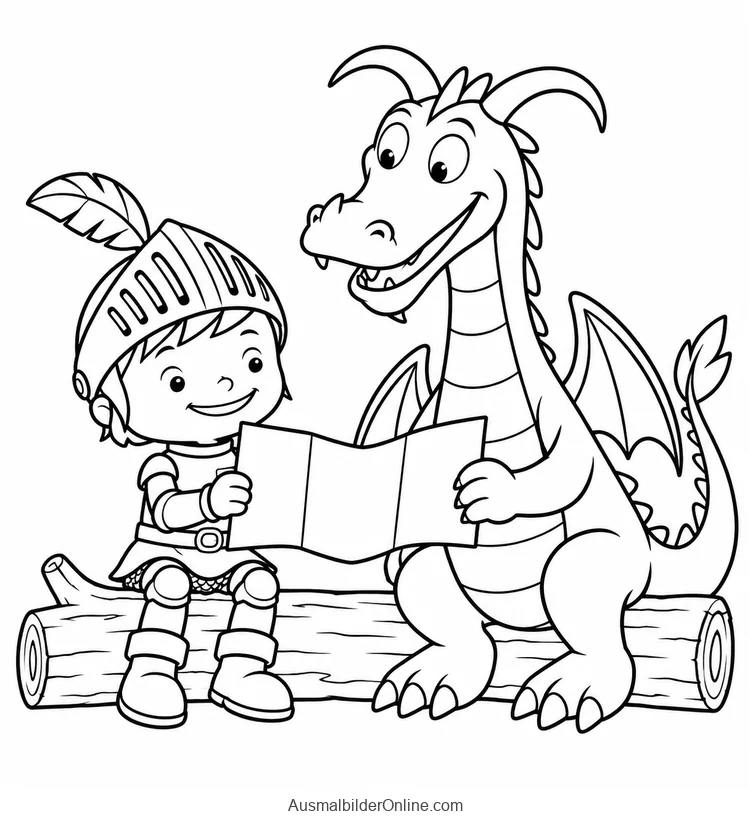 Mike und Drache Sparkie sitzen auf einem Baumstamm und betrachten eine Karte