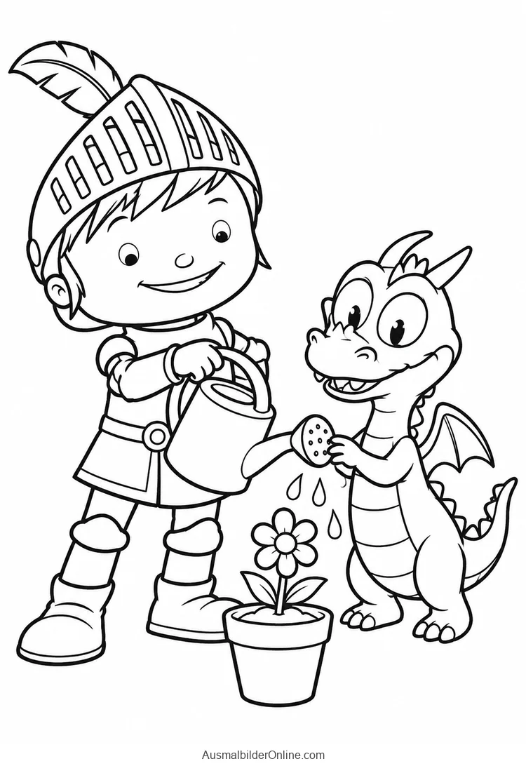 Mike und der kleine Drache Squirt gießen eine Blume im Topf