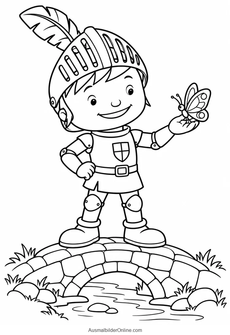 Mike der Ritter steht auf einer kleinen Steinbrücke mit einem Schmetterling auf der Hand