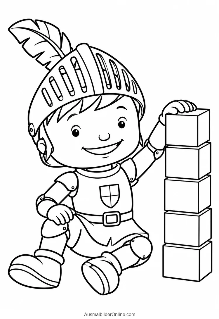 Mike der Ritter sitzt neben einem Turm aus fünf Klötzen