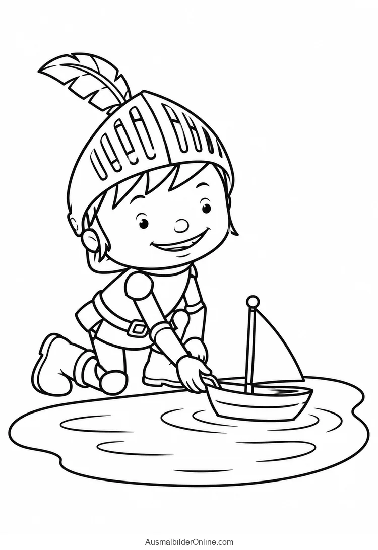 Mike der Ritter kniet an einem Teich und lässt ein Spielzeugsegelboot schwimmen