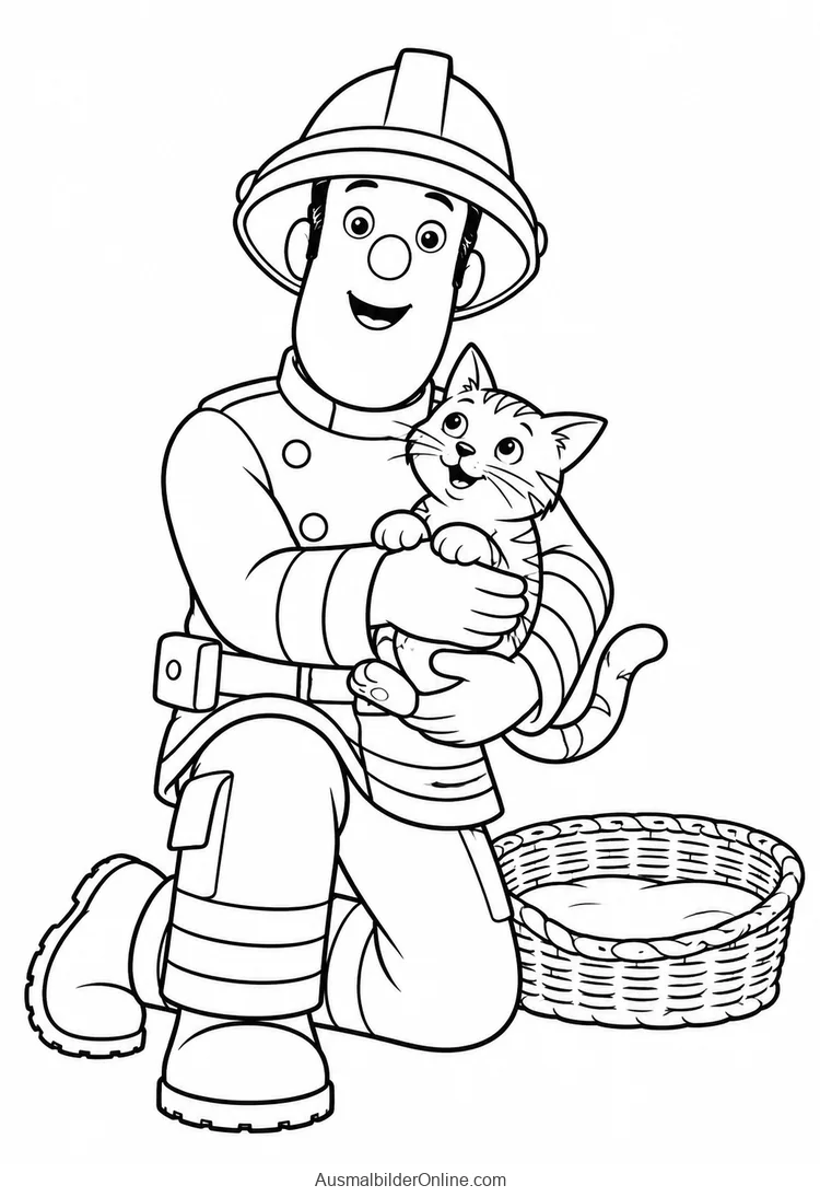 Feuerwehrmann Sam kniet mit einer Katze im Arm neben einem Korb