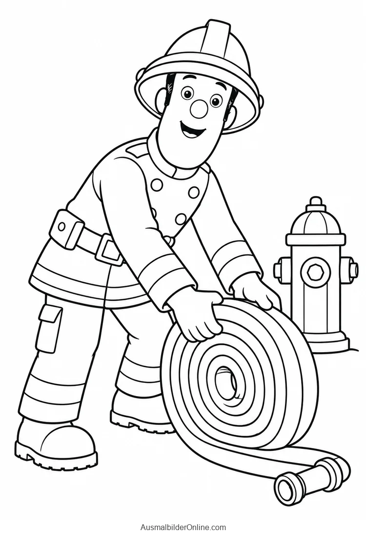 Feuerwehrmann Sam rollt einen Schlauch neben einem Hydranten