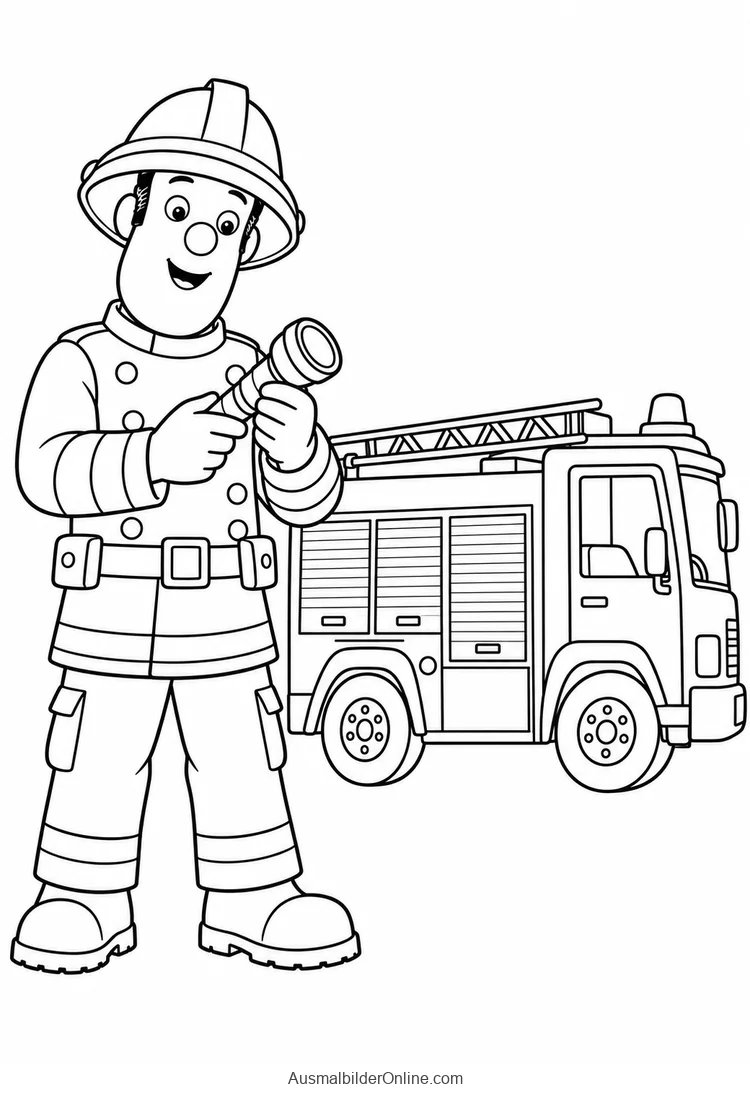 Feuerwehrmann Sam hält ein Strahlrohr vor einem Löschfahrzeug