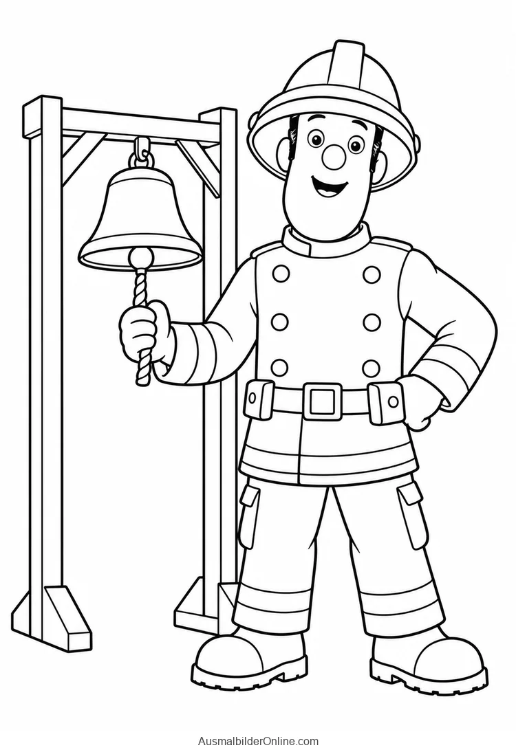 Sam steht neben einer Glocke auf einem Holzständer und hält das Zugseil