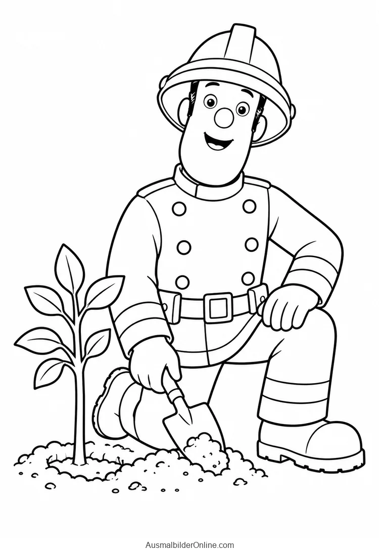 Sam kniet neben einem jungen Baum und füllt Erde mit einer Pflanzschaufel nach