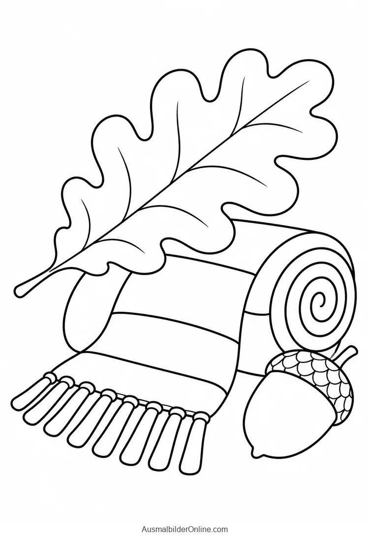 Ein Eichenblatt liegt auf einem gerollten Schal neben einer Eichel