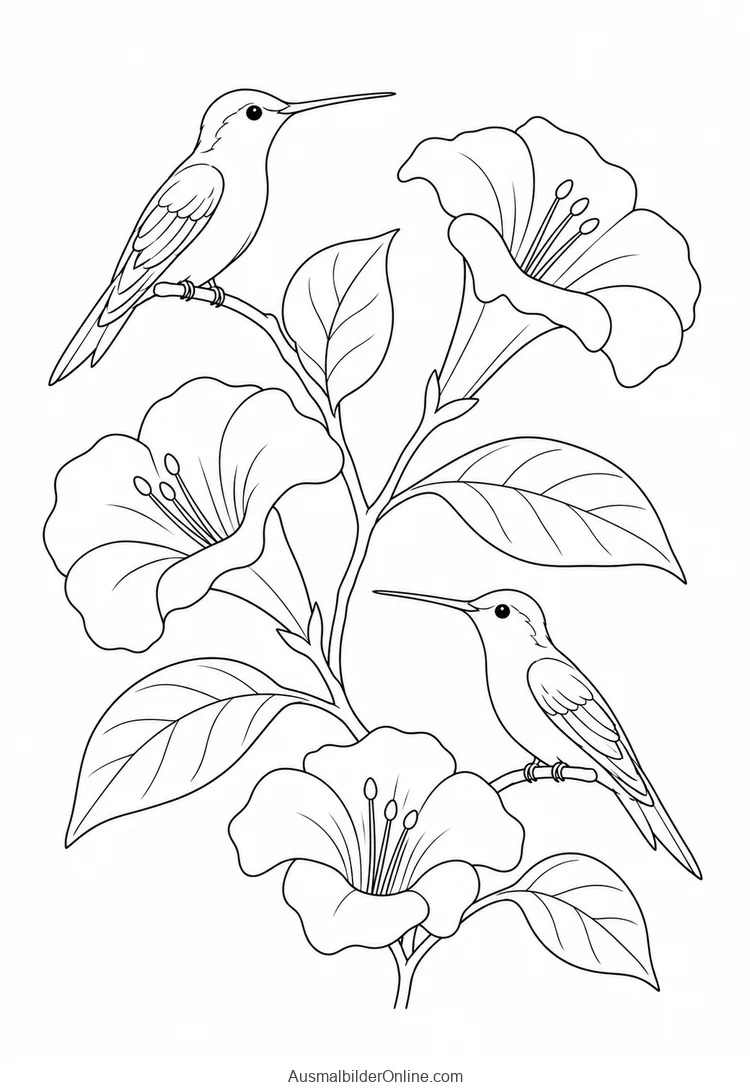 Zwei Kolibris sitzen auf verschiedenen Zweigen eines blühenden Strauchs