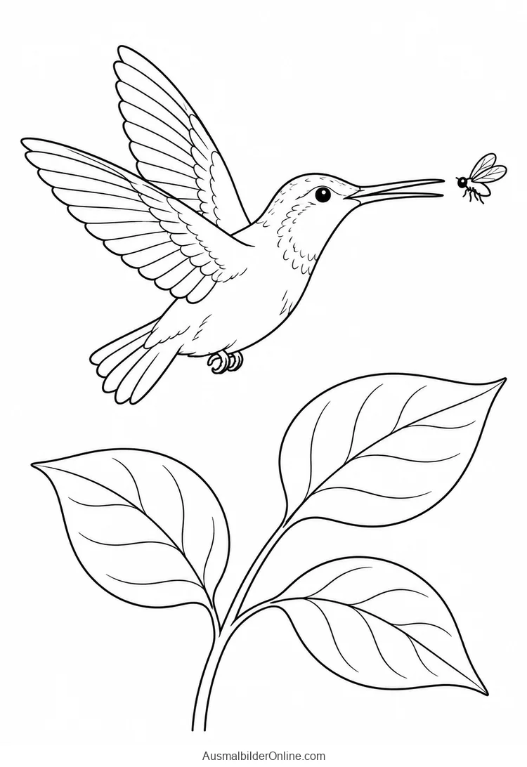 Kolibri nähert sich im Flug einem kleinen Insekt über einem Blatt