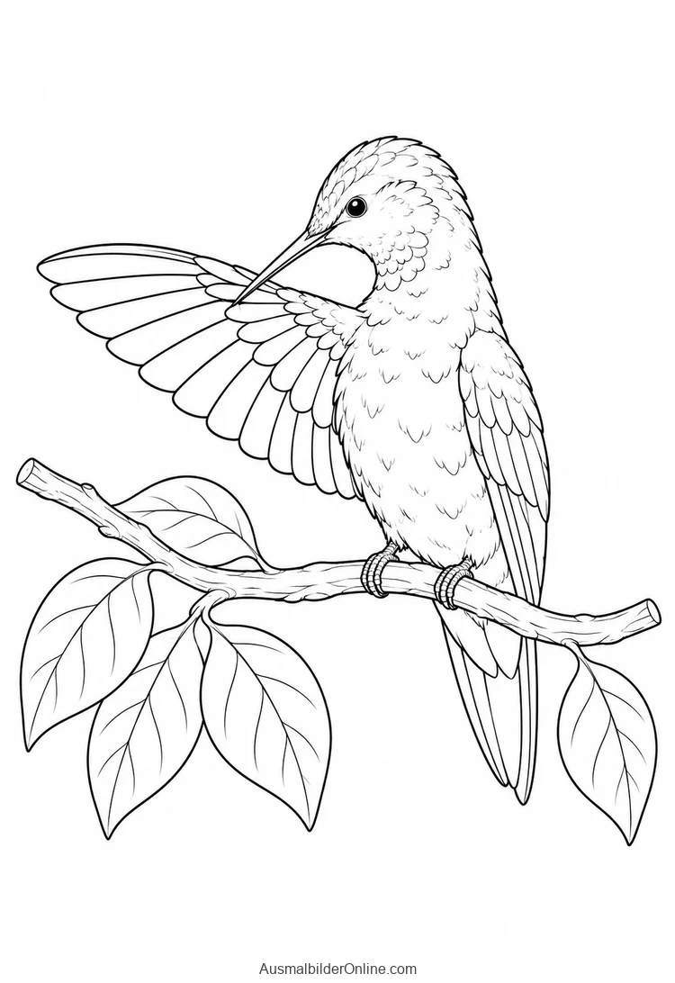 Kolibri sitzt auf einem Zweig und putzt seine Flügelfedern
