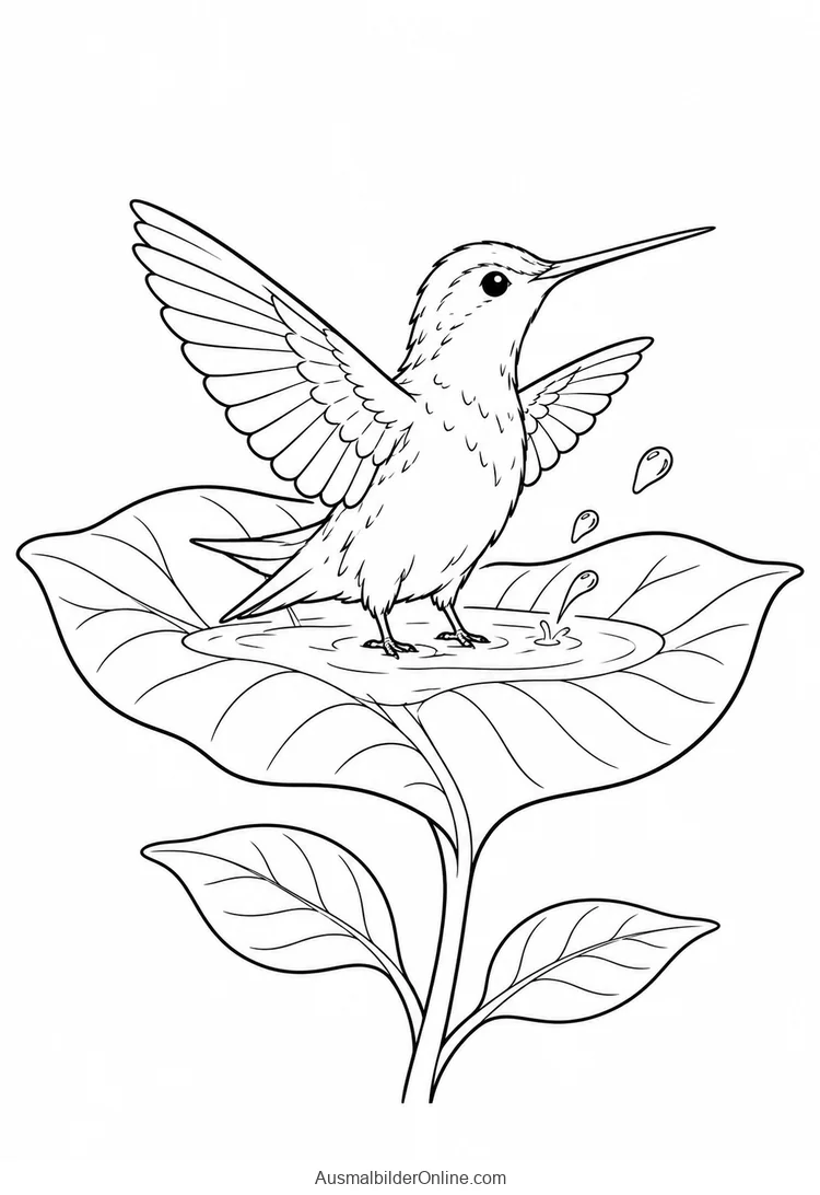 Kolibri badet mit leicht gehobenen Flügeln in flachem Regenwasser auf einem großen Blatt