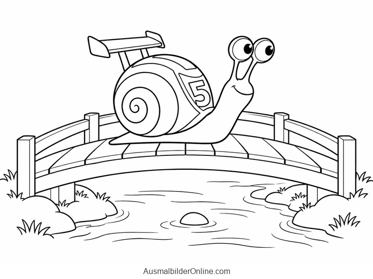 Turbo mit Rennschale und Ziffer fünf überquert eine kleine Holzbrücke über einen Bach