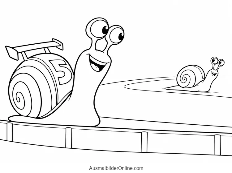Turbo schaut hinter einer niedrigen Begrenzung einer kleinen Rennschnecke auf der Strecke zu