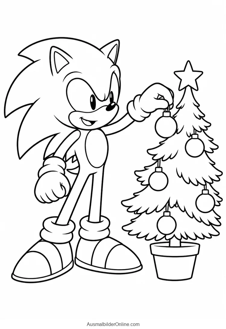 Sonic hängt eine Kugel an einen kleinen Weihnachtsbaum mit Sternspitze im Topf