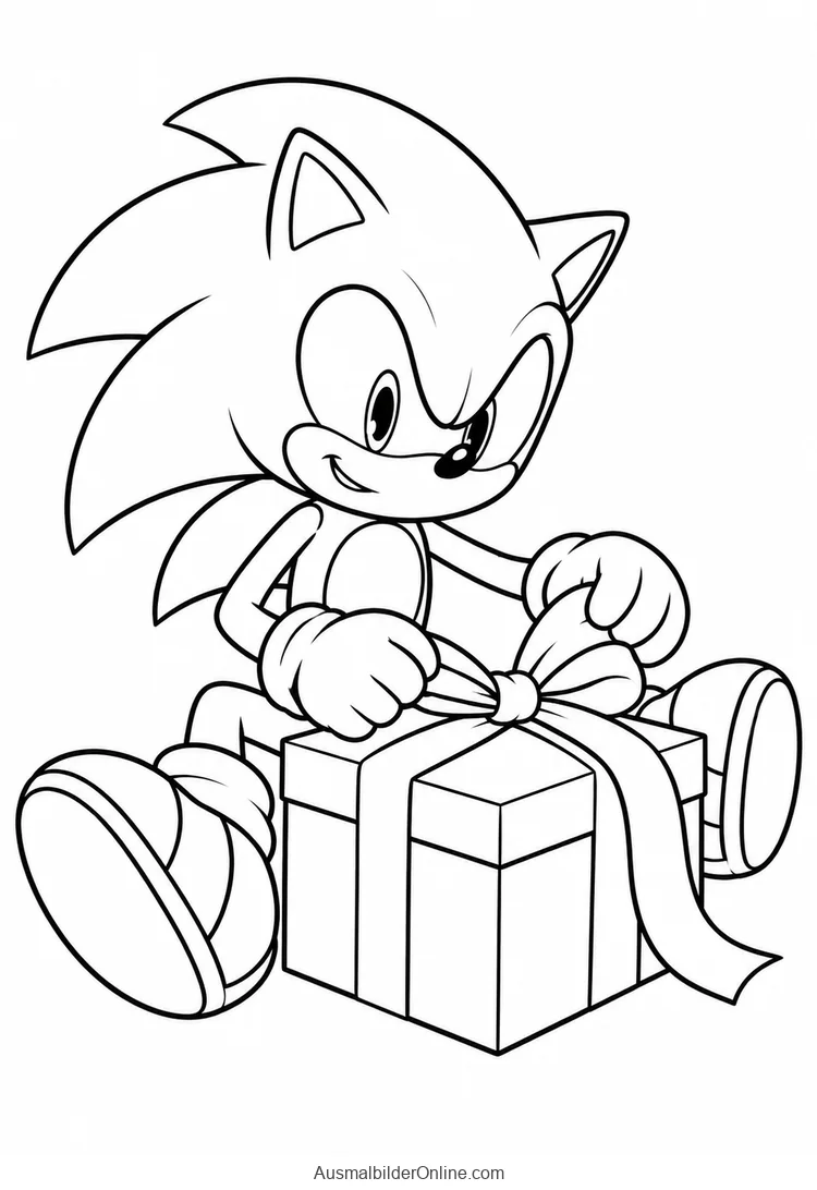 Sonic sitzt und bindet eine breite Schleife um ein einzelnes Geschenkpaket