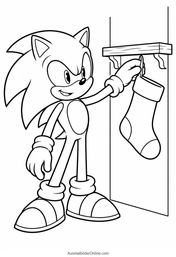 Sonic hängt einen leeren Weihnachtsstrumpf an eine kleine Kaminsimskante