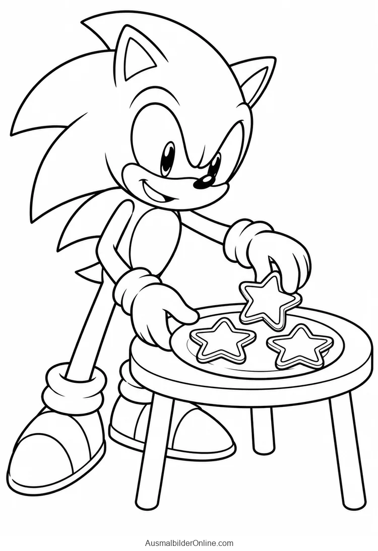 Sonic legt drei sternförmige Lebkuchen auf einen Teller auf einem niedrigen Tisch