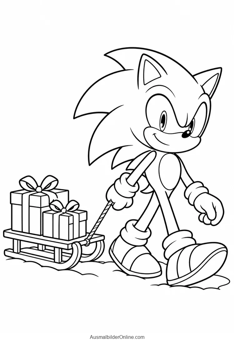 Sonic zieht einen kleinen Holzschlitten mit zwei verschnürten Geschenkpaketen über Schnee