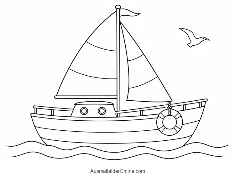 Segelboot mit Kabine und Rettungsring fährt unter einer Möwe