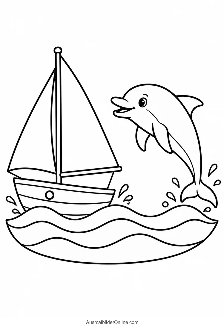 Delfin springt neben einem Segelboot mit zwei Segeln aus dem Wasser