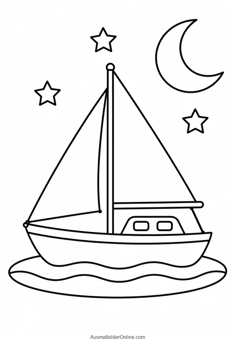 Segelboot mit Kabine schwimmt unter einem Halbmond und drei Sternen