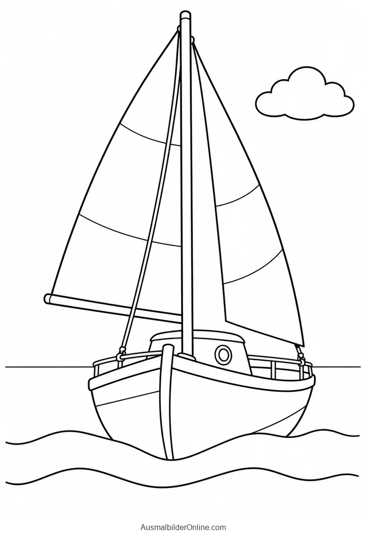 Segelboot vom Bug mit spitzem Rumpf, Mast und zwei breiten Segeln