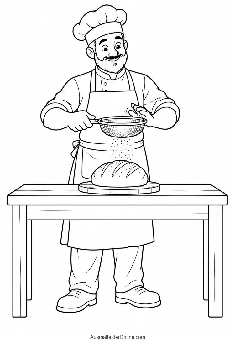 Ein Bäcker siebt Mehl über einen Brotlaib