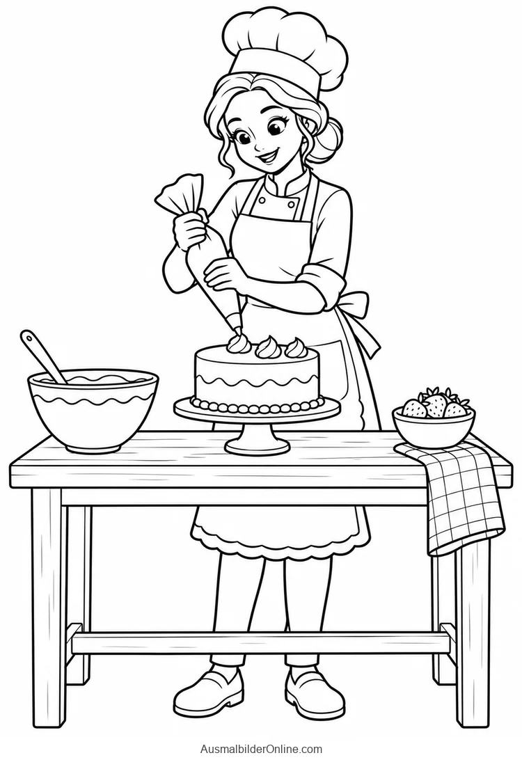 Eine Bäckerin verziert eine Torte mit einem Spritzbeutel