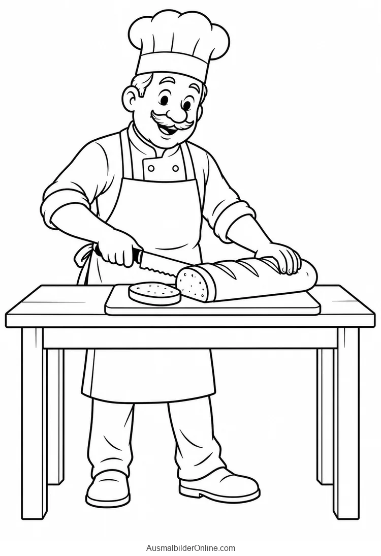 Ein Bäcker schneidet ein Brot auf einem Brett