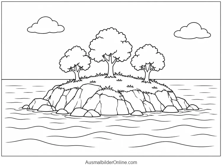Eine kleine felsige Insel mit drei runden Bäumen liegt vor einem weiten Meereshorizont