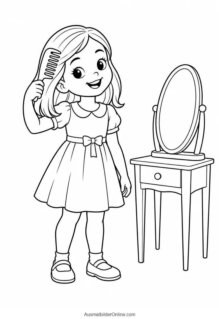 Mädchen kämmt sich neben einem Standspiegel die Haare