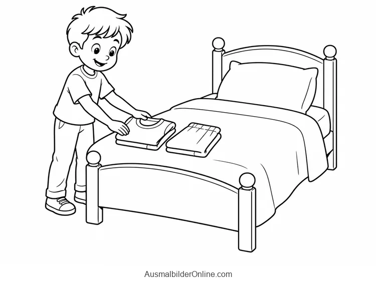 Junge legt gefaltete Kleidung auf einem Bett bereit
