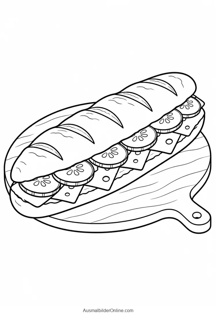Ein belegtes Baguette mit Käse und Gurkenscheiben liegt auf einem Brett