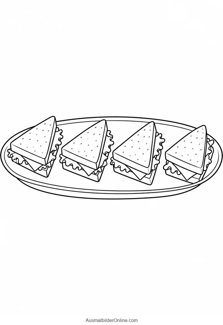 Vier kleine dreieckige Sandwiches liegen nebeneinander auf einer ovalen Platte