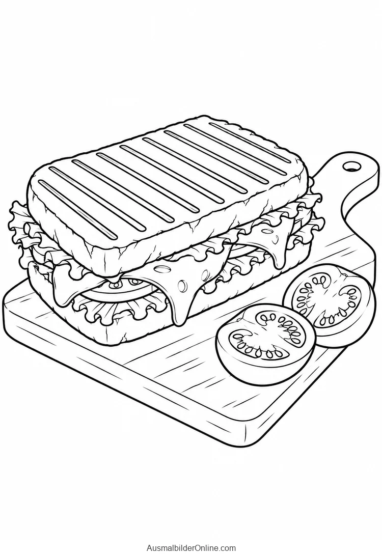 Ein gegrilltes Sandwich mit Käse und Salat liegt neben Tomatenscheiben auf einem Brett