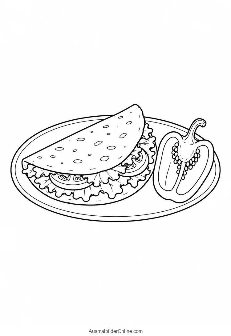 Eine gefaltete Tortilla mit Salat und Tomaten liegt neben einer Paprikahälfte auf einem Teller